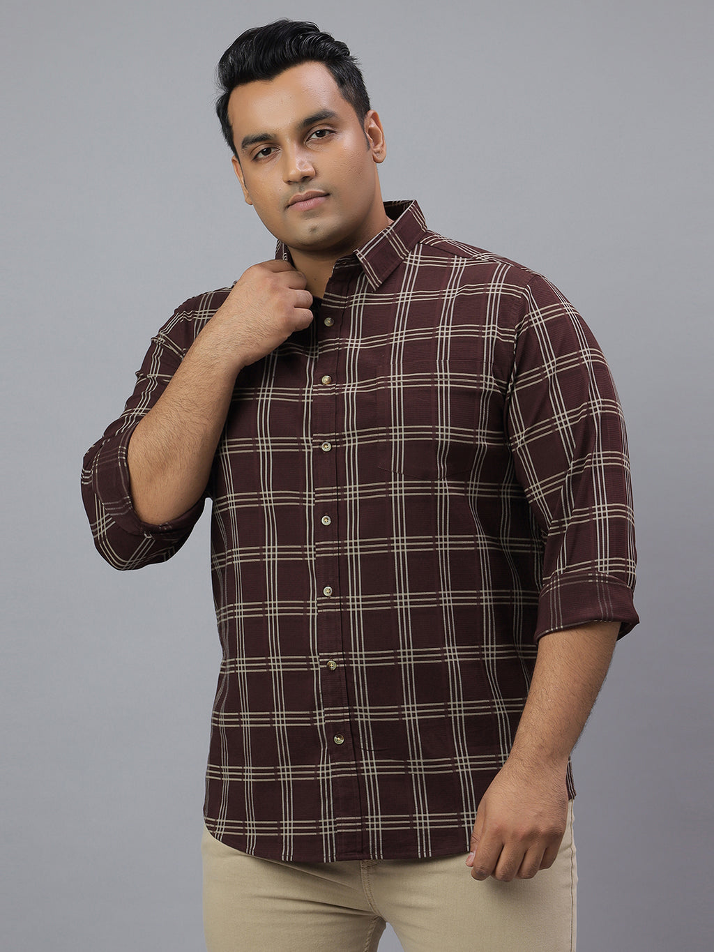 Men Wine and White  Checkered Long Sleeve Cotton Lycra Plus Size Casual Shirt