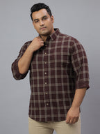 Men Wine and White  Checkered Long Sleeve Cotton Lycra Plus Size Casual Shirt