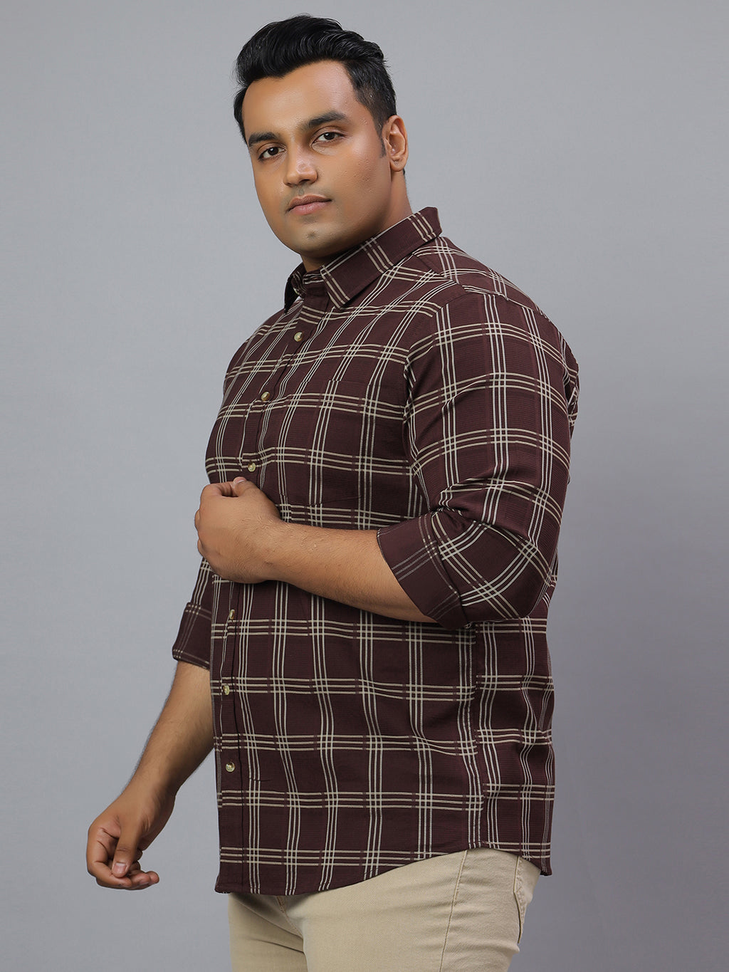 Men Wine and White  Checkered Long Sleeve Cotton Lycra Plus Size Casual Shirt