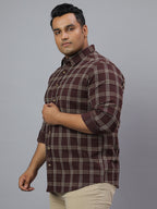 Men Wine and White  Checkered Long Sleeve Cotton Lycra Plus Size Casual Shirt