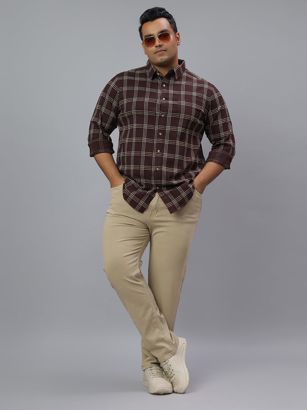 Men Wine and White  Checkered Long Sleeve Cotton Lycra Plus Size Casual Shirt