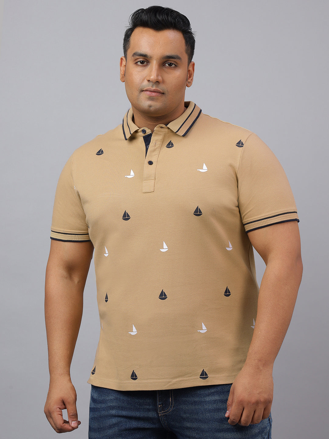 Men Khaki Slim Fit Cotton Polo T-Shirt-115-Khaki