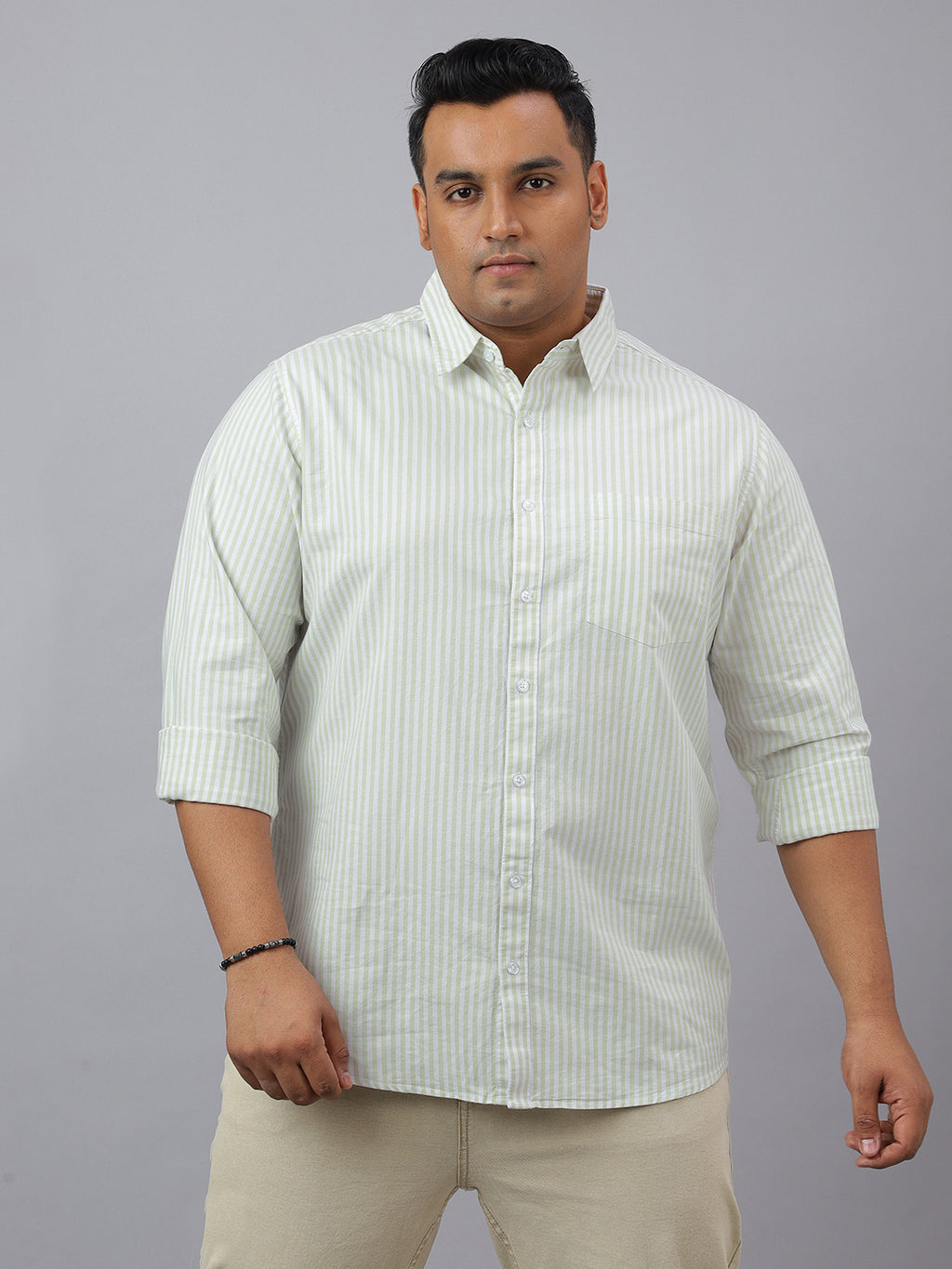 Men Green and White Cotton Stripes 1 Pocket Slim Fit Casual Shirt