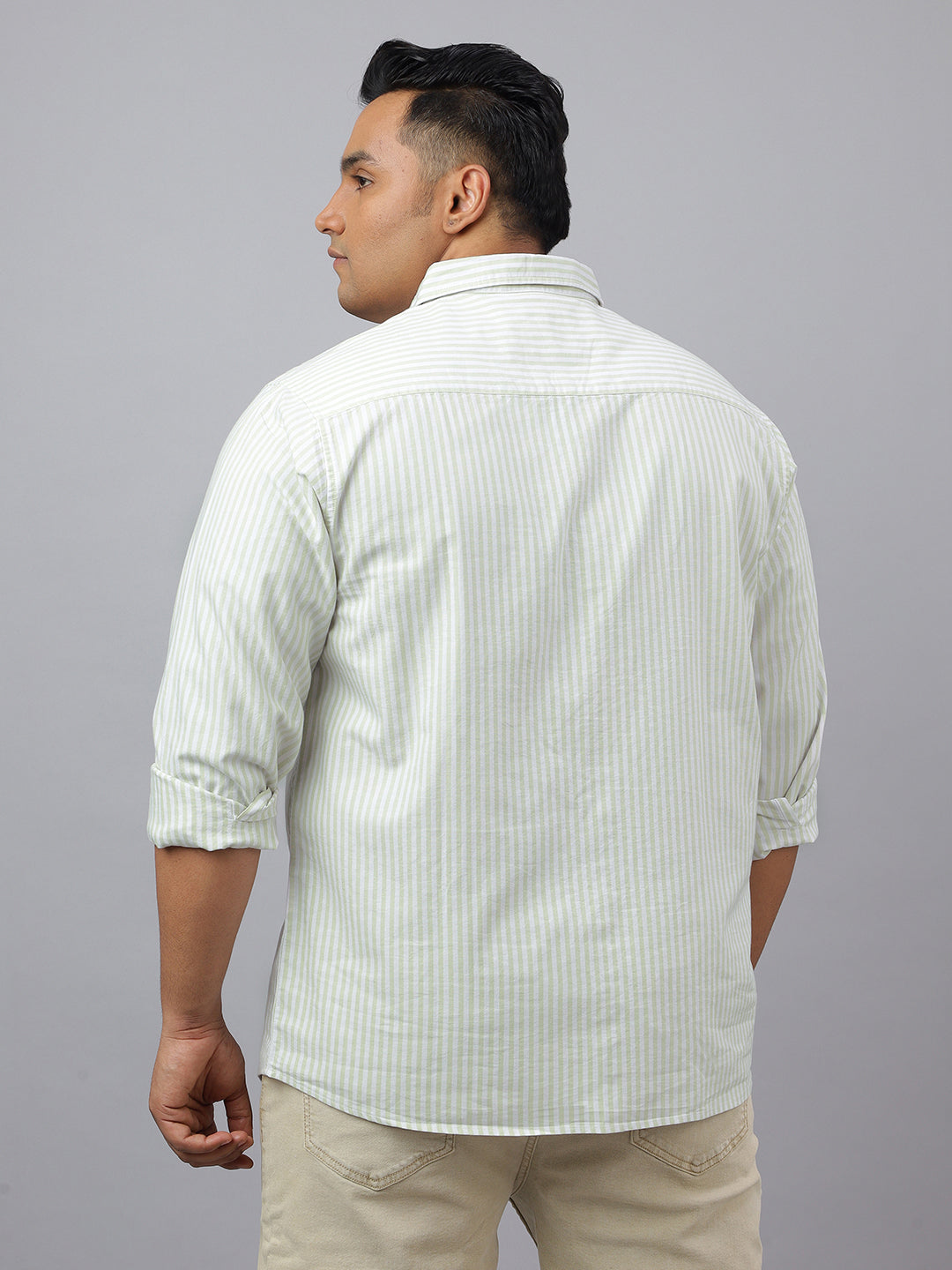 Men Green and White Cotton Stripes 1 Pocket Slim Fit Casual Shirt