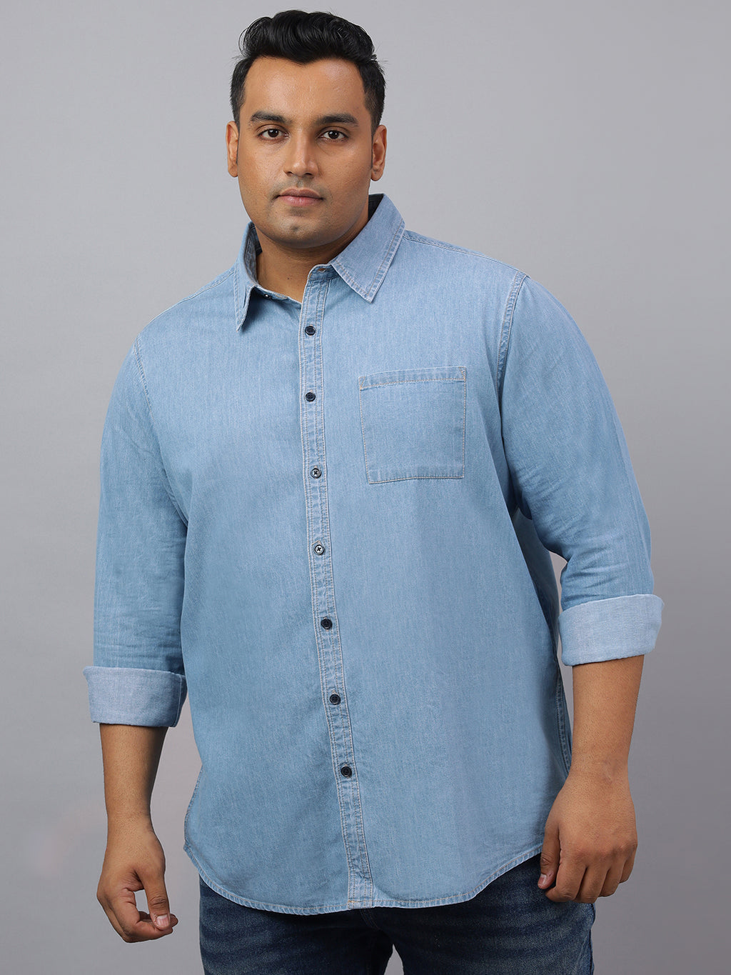 Men Ice Blue Indigo Cotton Denim Solid Color Slim Fit Casual Shirt