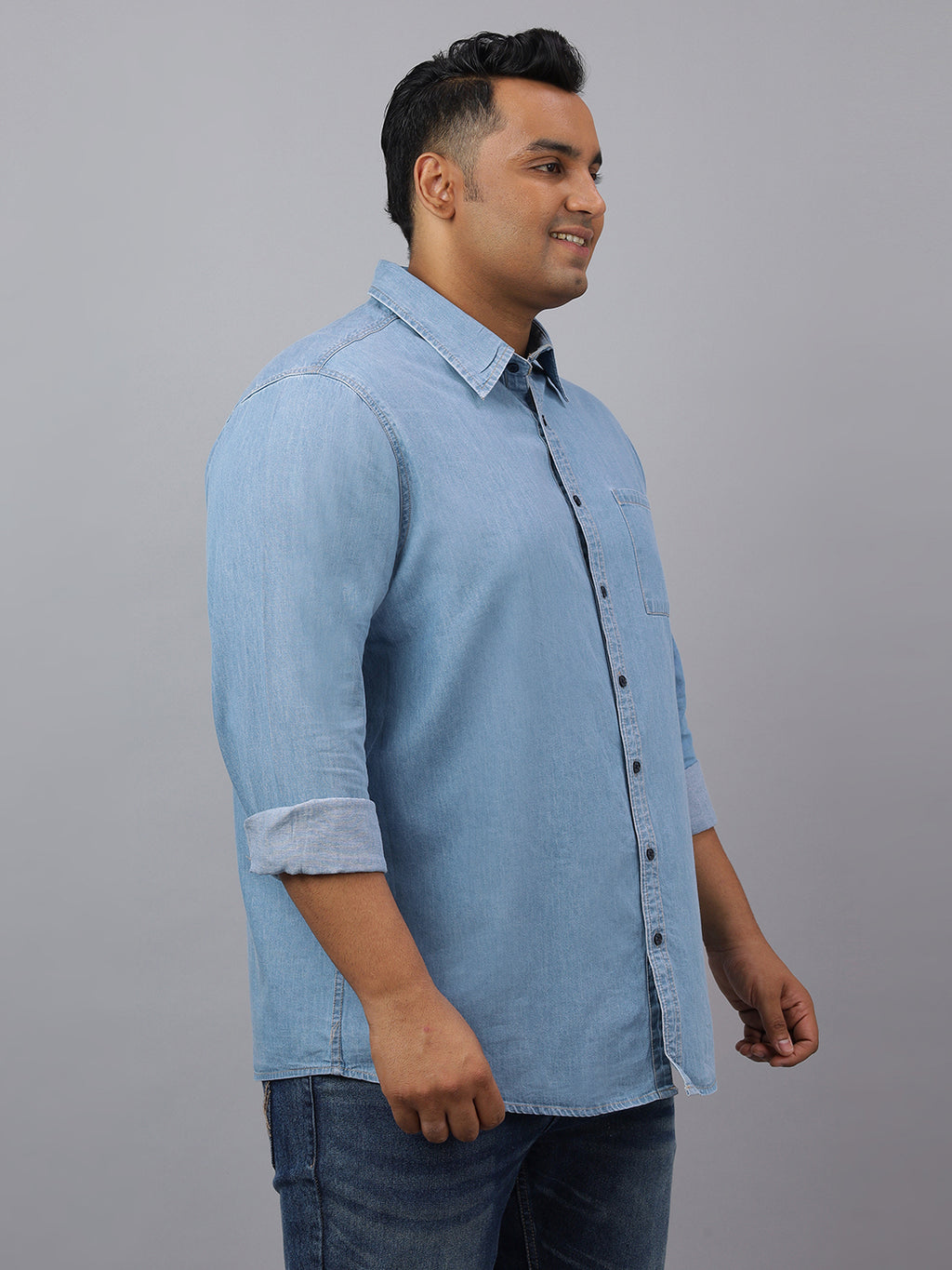 Men Ice Blue Indigo Cotton Denim Solid Color Slim Fit Casual Shirt