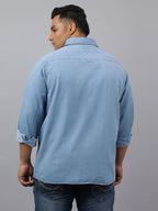 Men Ice Blue Indigo Cotton Denim Solid Color Slim Fit Casual Shirt