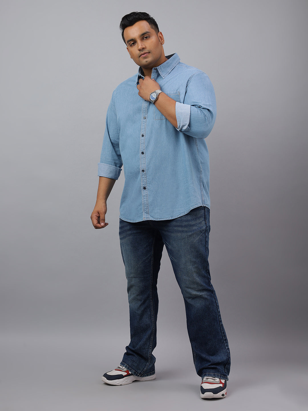 Men Ice Blue Indigo Cotton Denim Solid Color Slim Fit Casual Shirt