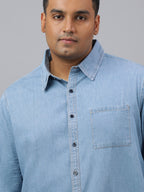 Men Ice Blue Indigo Cotton Denim Solid Color Slim Fit Casual Shirt