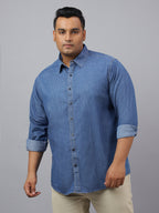 Men Dark Blue Indigo Cotton Denim Solid Color Slim Fit Casual Shirt