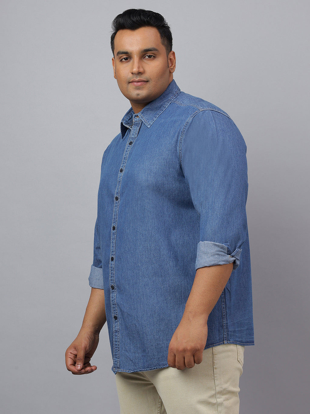 Men Dark Blue Indigo Cotton Denim Solid Color Slim Fit Casual Shirt