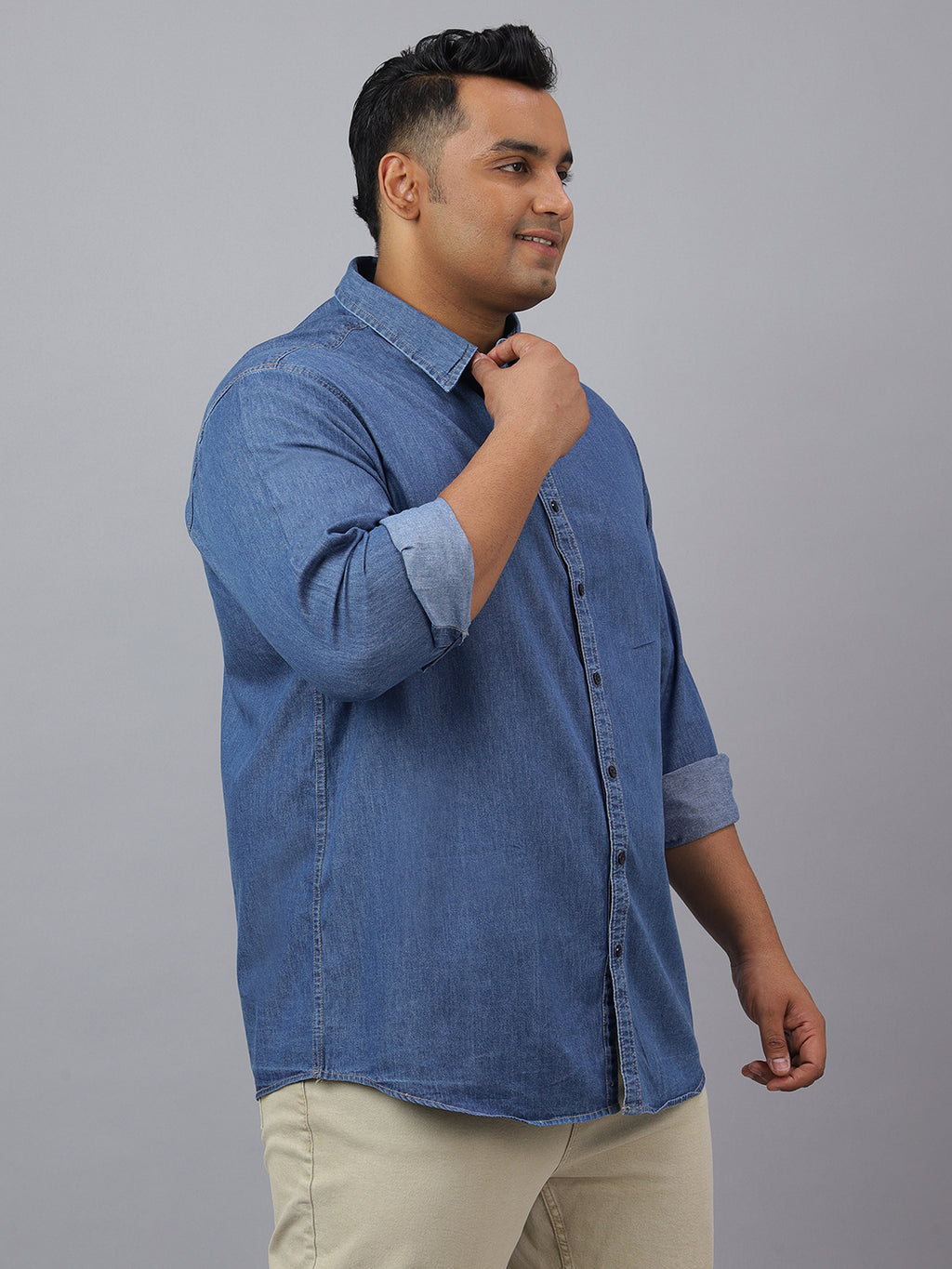 Men Dark Blue Indigo Cotton Denim Solid Color Slim Fit Casual Shirt