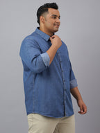 Men Dark Blue Indigo Cotton Denim Solid Color Slim Fit Casual Shirt