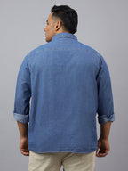 Men Dark Blue Indigo Cotton Denim Solid Color Slim Fit Casual Shirt