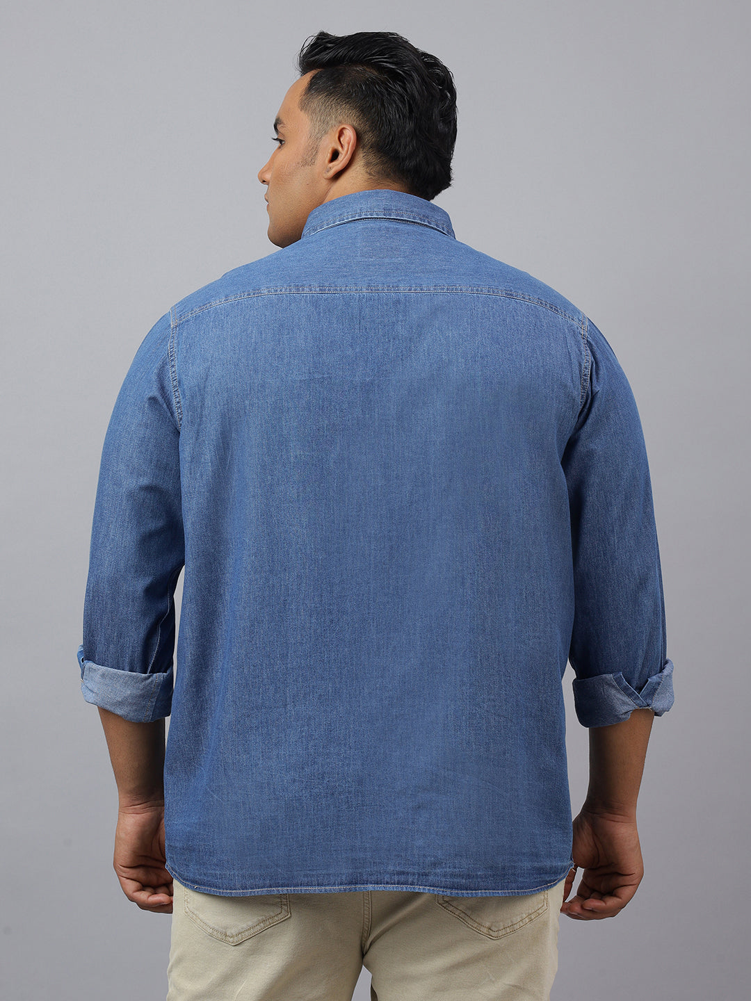 Men Dark Blue Indigo Cotton Denim Solid Color Slim Fit Casual Shirt