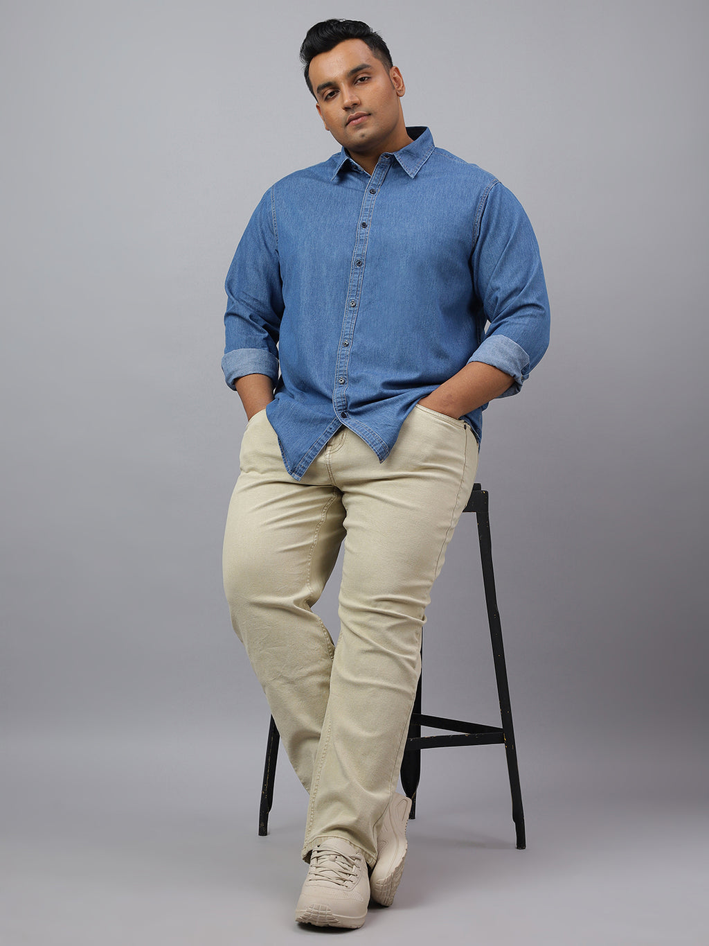 Men Dark Blue Indigo Cotton Denim Solid Color Slim Fit Casual Shirt