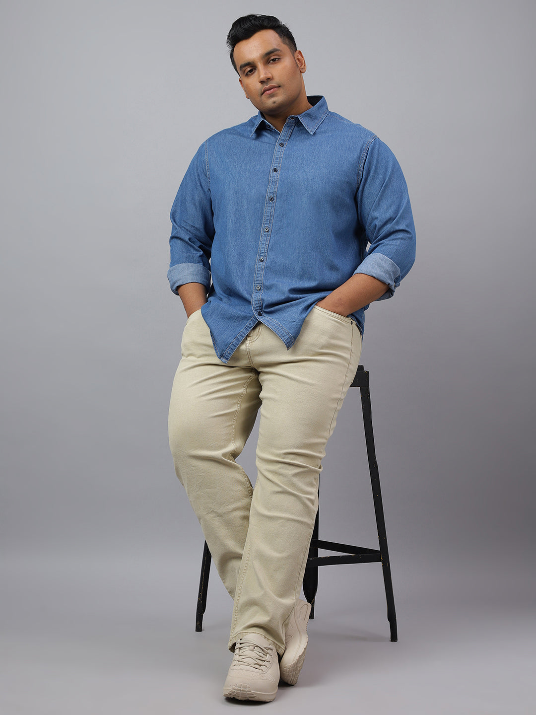 Men Dark Blue Indigo Cotton Denim Solid Color Slim Fit Casual Shirt