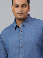 Men Dark Blue Indigo Cotton Denim Solid Color Slim Fit Casual Shirt