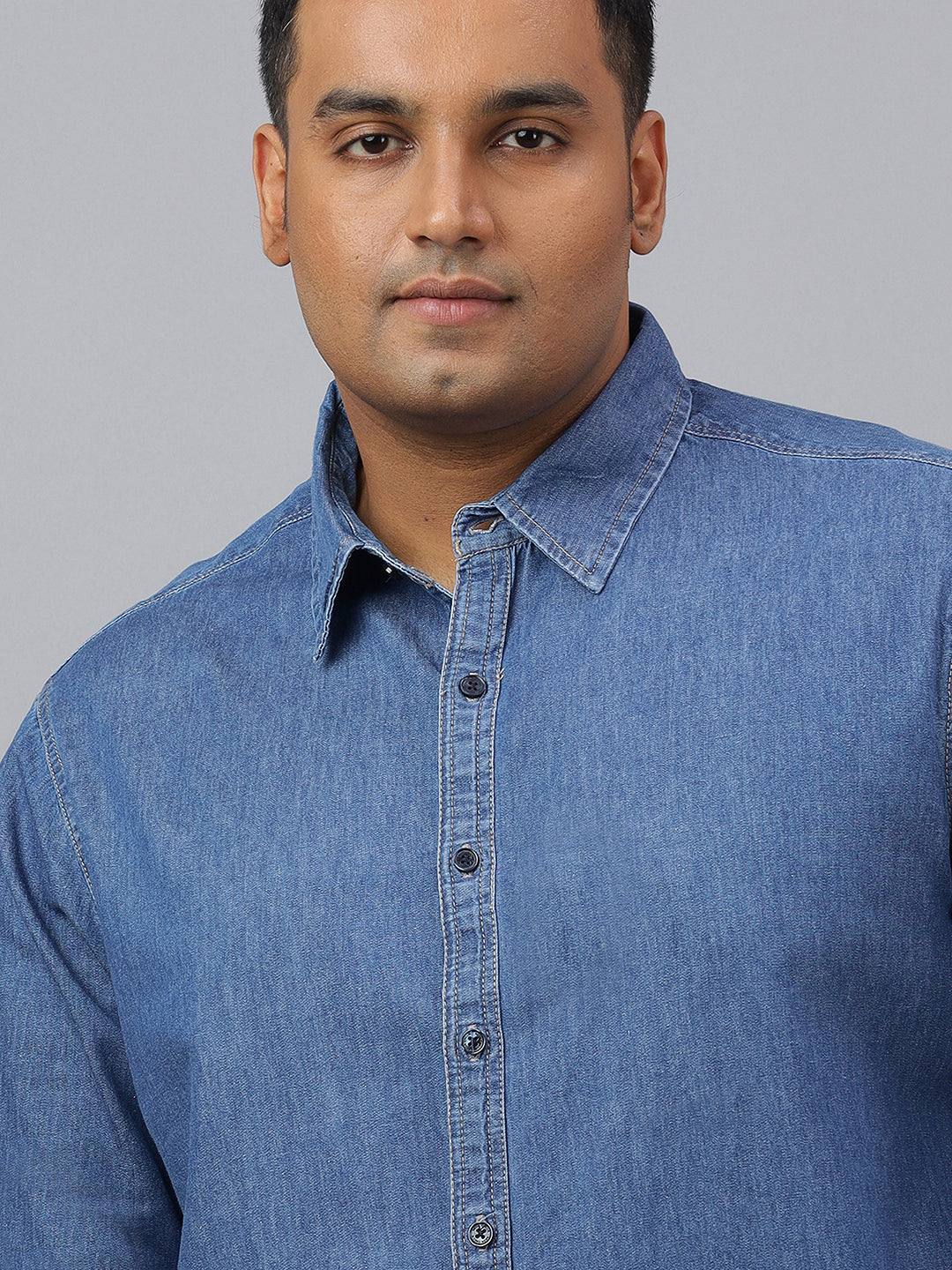 Men Dark Blue Indigo Cotton Denim Solid Color Slim Fit Casual Shirt
