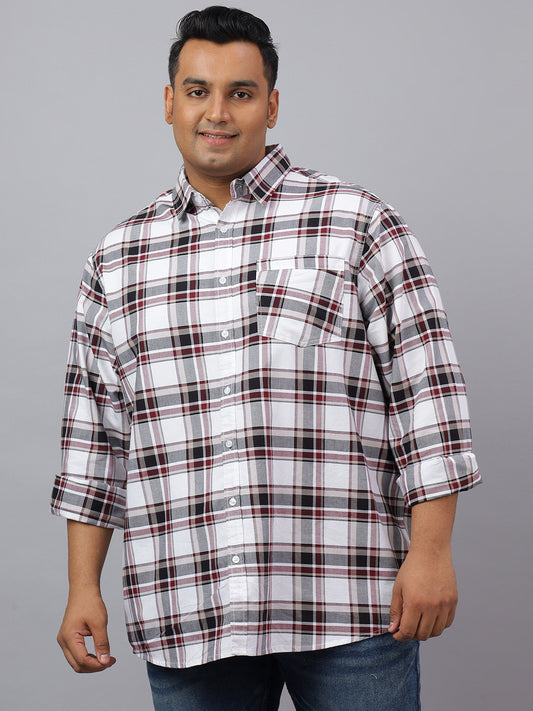 Men White,Black and Maroon Cotton Checks 1 Pocket Slim Fit Casual Shirt