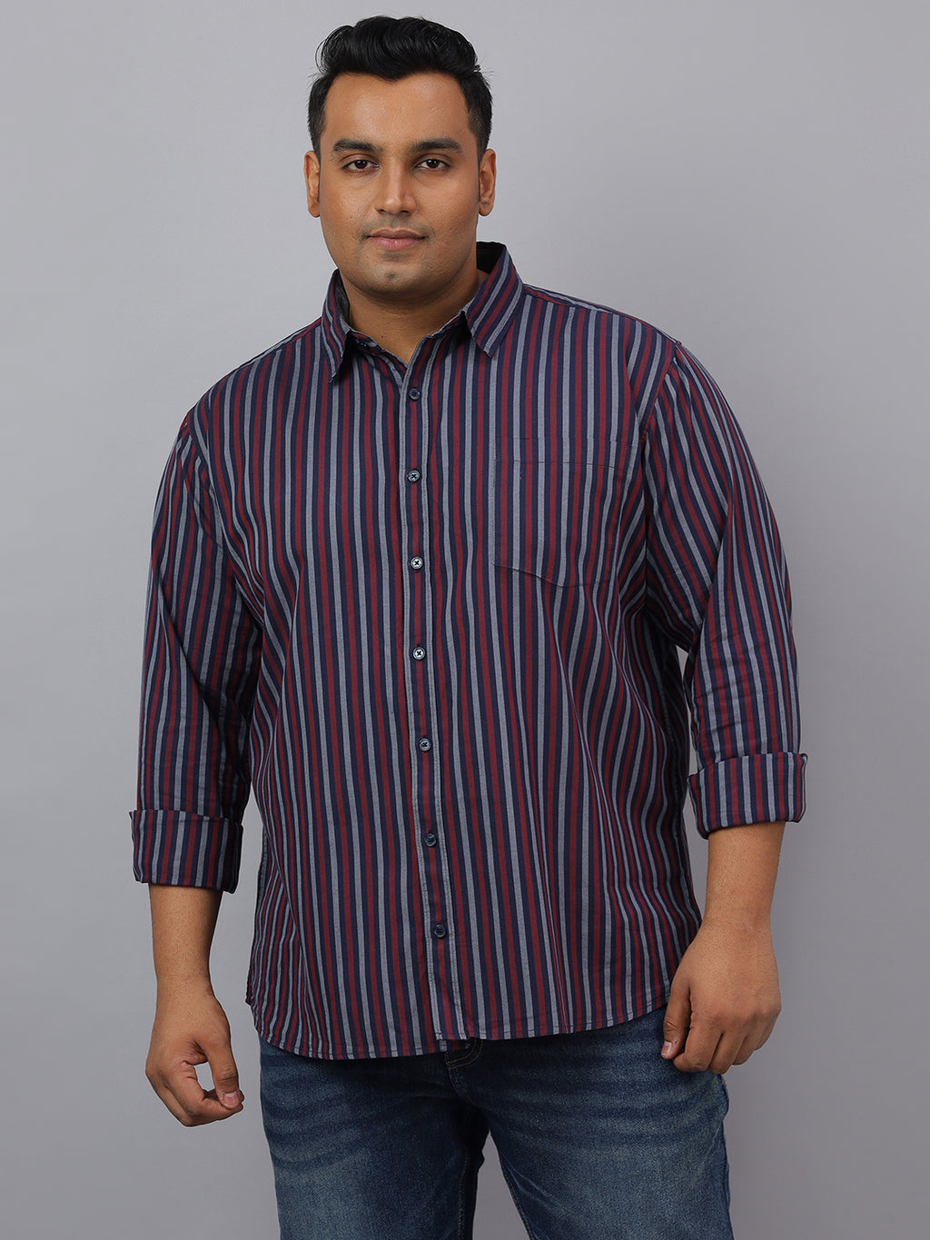 Men Maroon Cotton Stripes 1 Pocket Slim Fit Casual Shirt