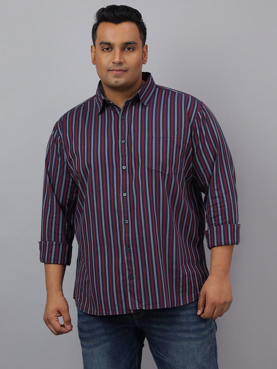 Men Maroon Cotton Stripes 1 Pocket Slim Fit Casual Shirt