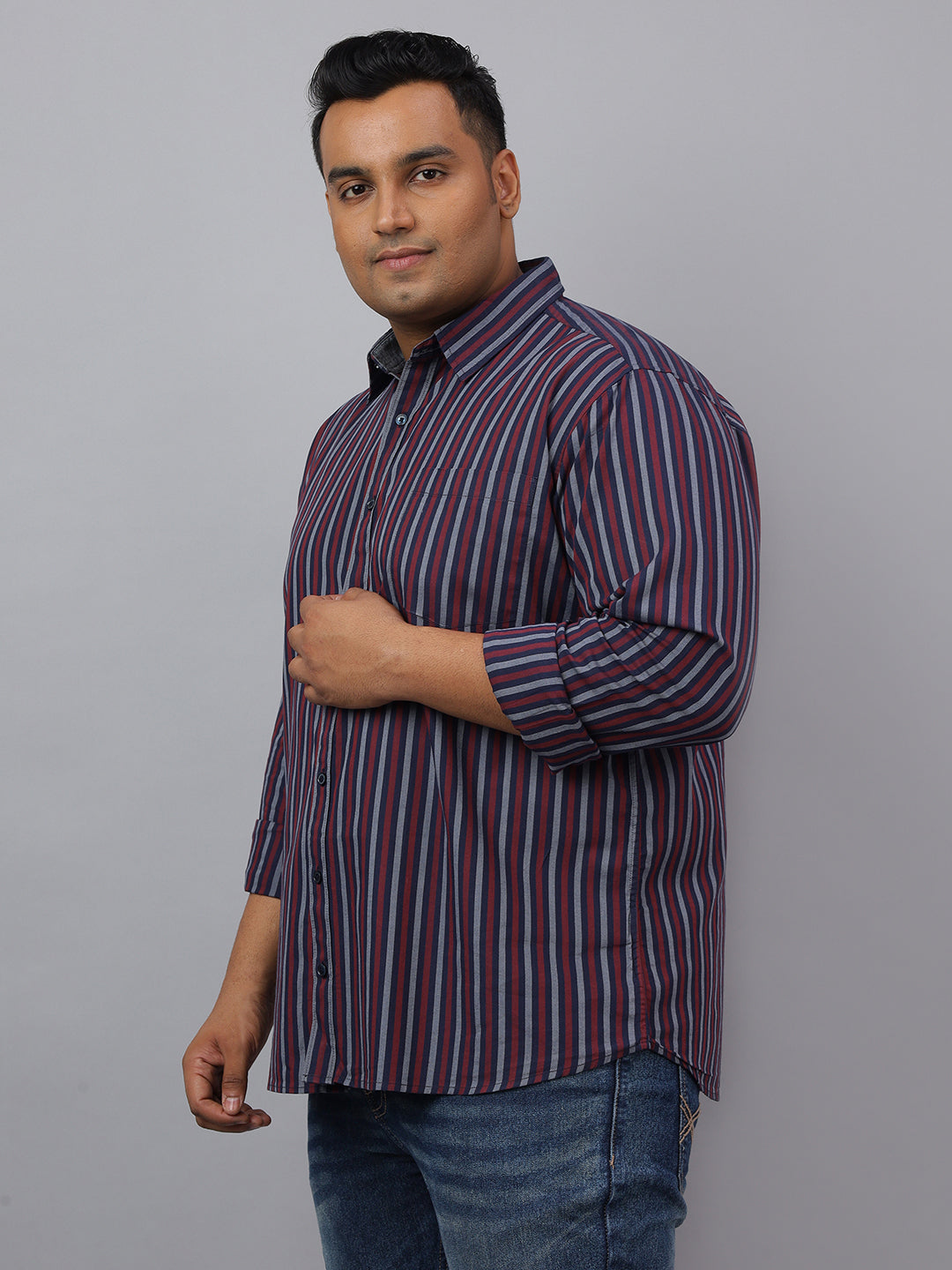 Men Maroon Cotton Stripes 1 Pocket Slim Fit Casual Shirt