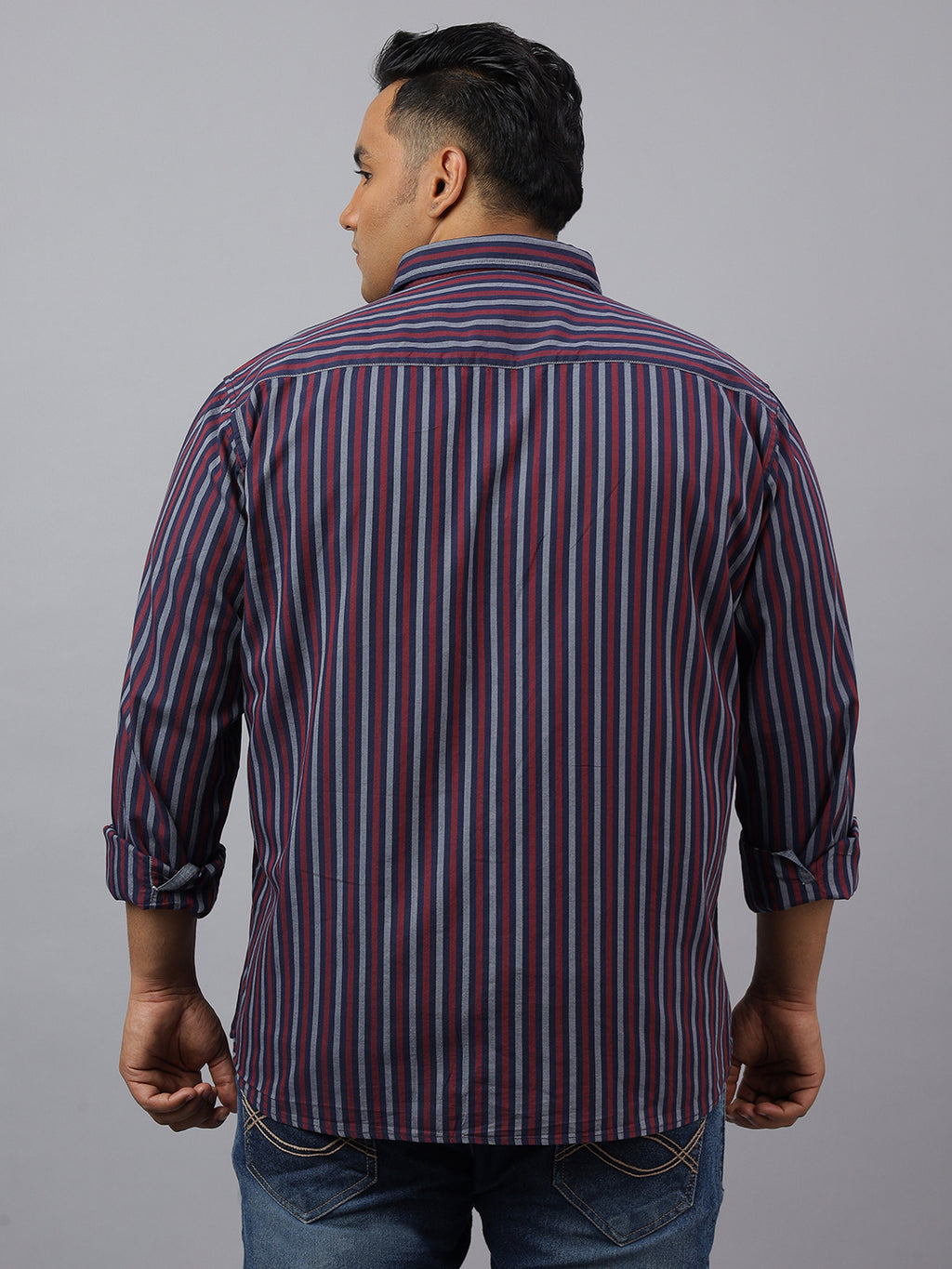 Men Maroon Cotton Stripes 1 Pocket Slim Fit Casual Shirt