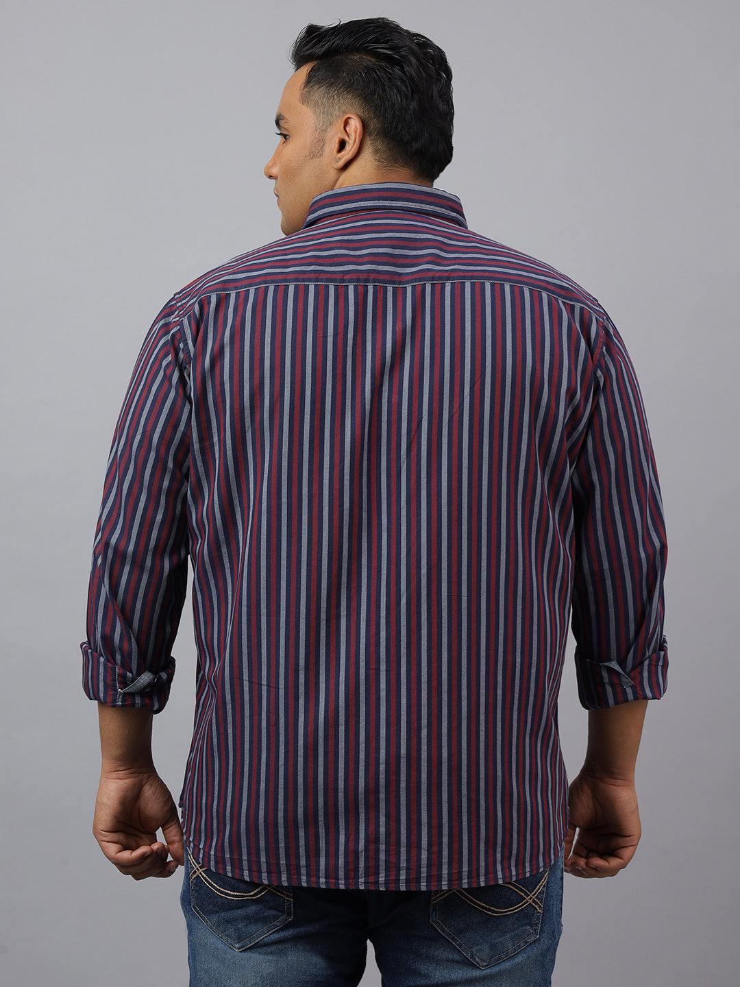 Men Maroon Cotton Stripes 1 Pocket Slim Fit Casual Shirt
