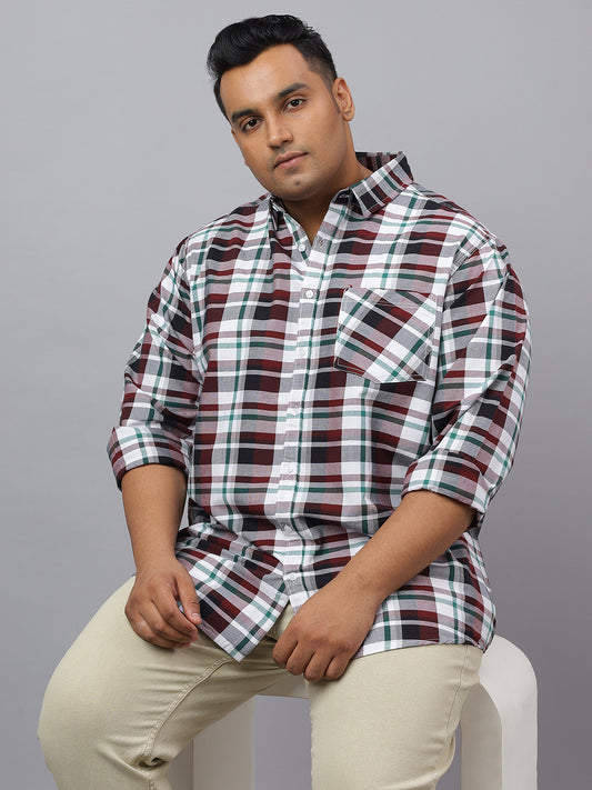 Men White, Maroon and Green Cotton Checks 1 Pocket Slim Fit Casual Shirt