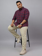 Men Maroon and Blue Cotton Checks 1 Pocket Slim Fit Casual Shirt