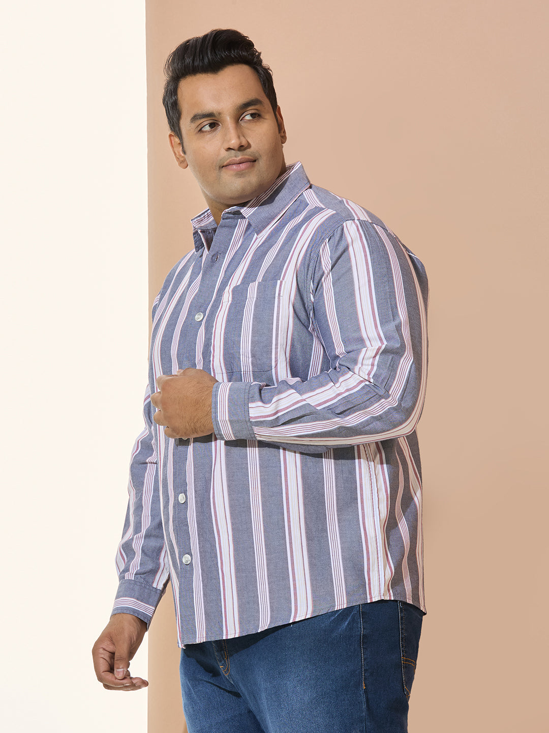 Men Cotton Stripe 1 Pocket Regular Fit Smart Casual Shirt - Navy