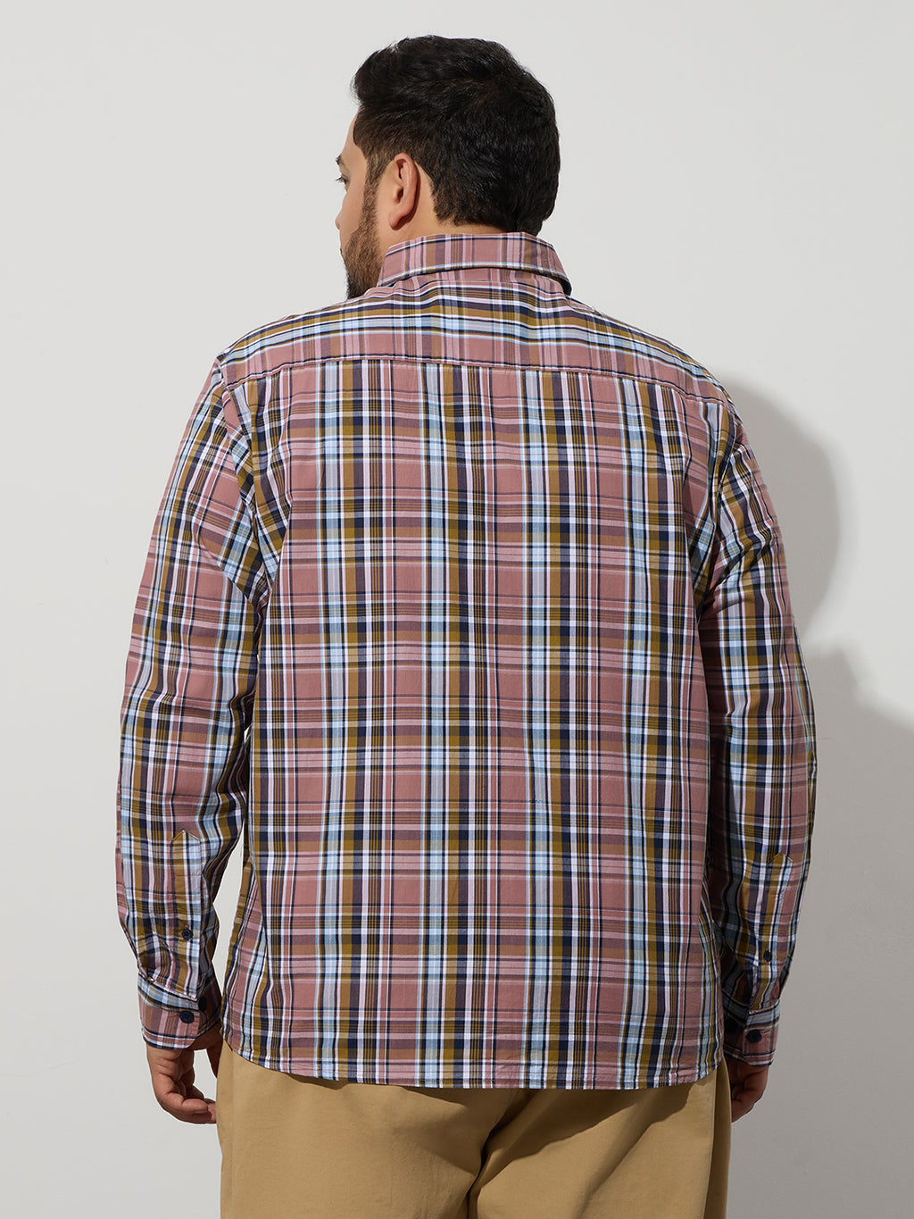 Plus Size Cotton Checks Shirt 1 Pocket Regular Fit Smart Casual Shirt, Style- Plus-1263-Mauve