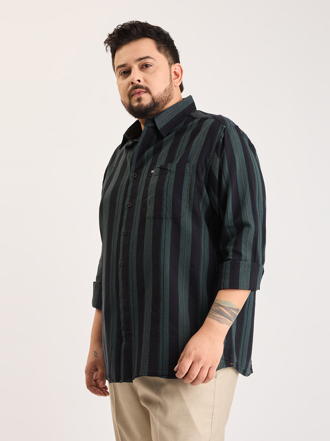 Plus Size Cotton 1 Pocket Regular Fit Smart Casual Shirt  - Dark Green - Style 1268