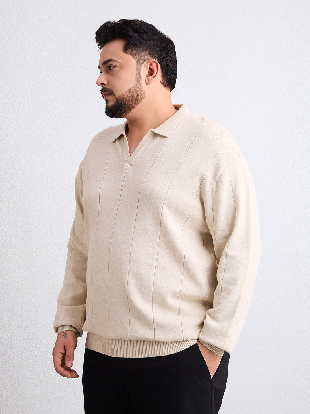 Flat Knit Full Sleeve Polo Ribbed T Shirt  - Ash Grey - Style 137