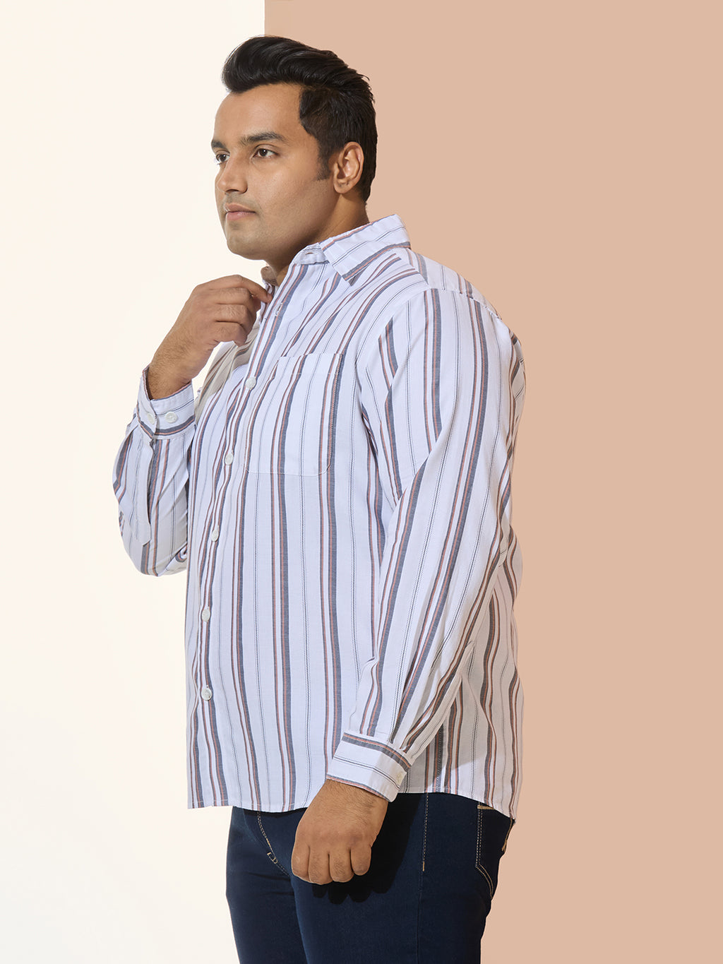 Men Cotton Stripe 1 Pocket Regular Fit Smart Casual Shirt - White-orange