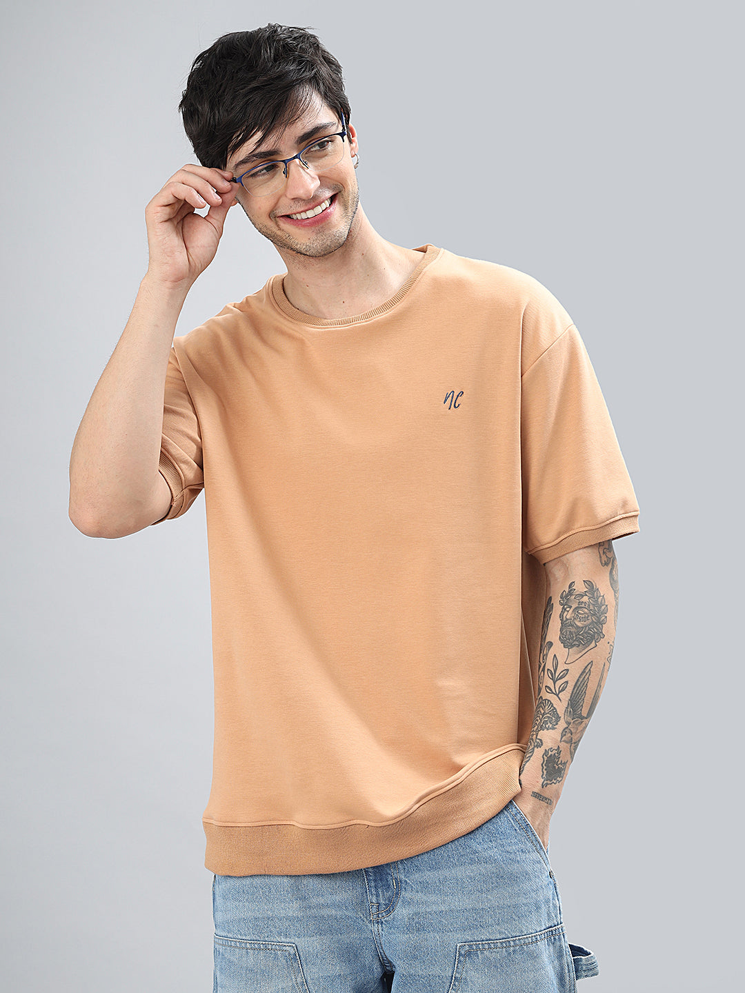 Drop-Shoulder Sleeves Heavy GSM Pure Cotton Oversize Fit T-shirt (NC-113-Peach)