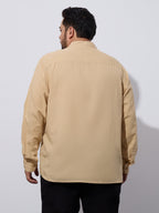Plus Size Cotton Linen Shirt 1 Pocket Regular Fit Smart Casual Shirt, Style- Plus-2k53-HoneyGold