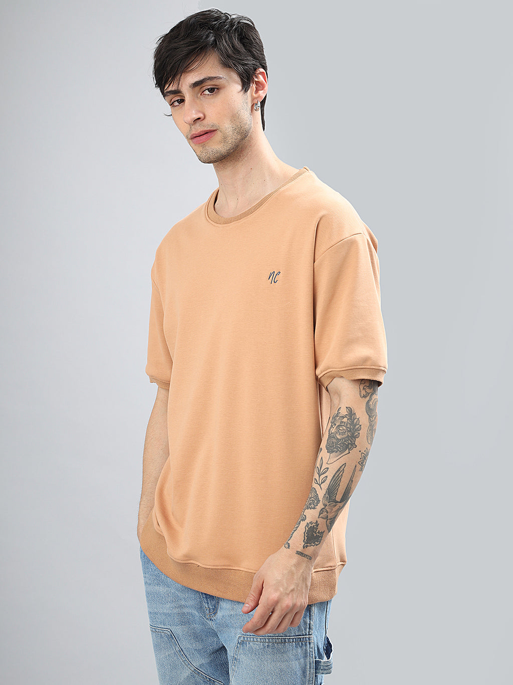 Drop-Shoulder Sleeves Heavy GSM Pure Cotton Oversize Fit T-shirt (NC-113-Peach)