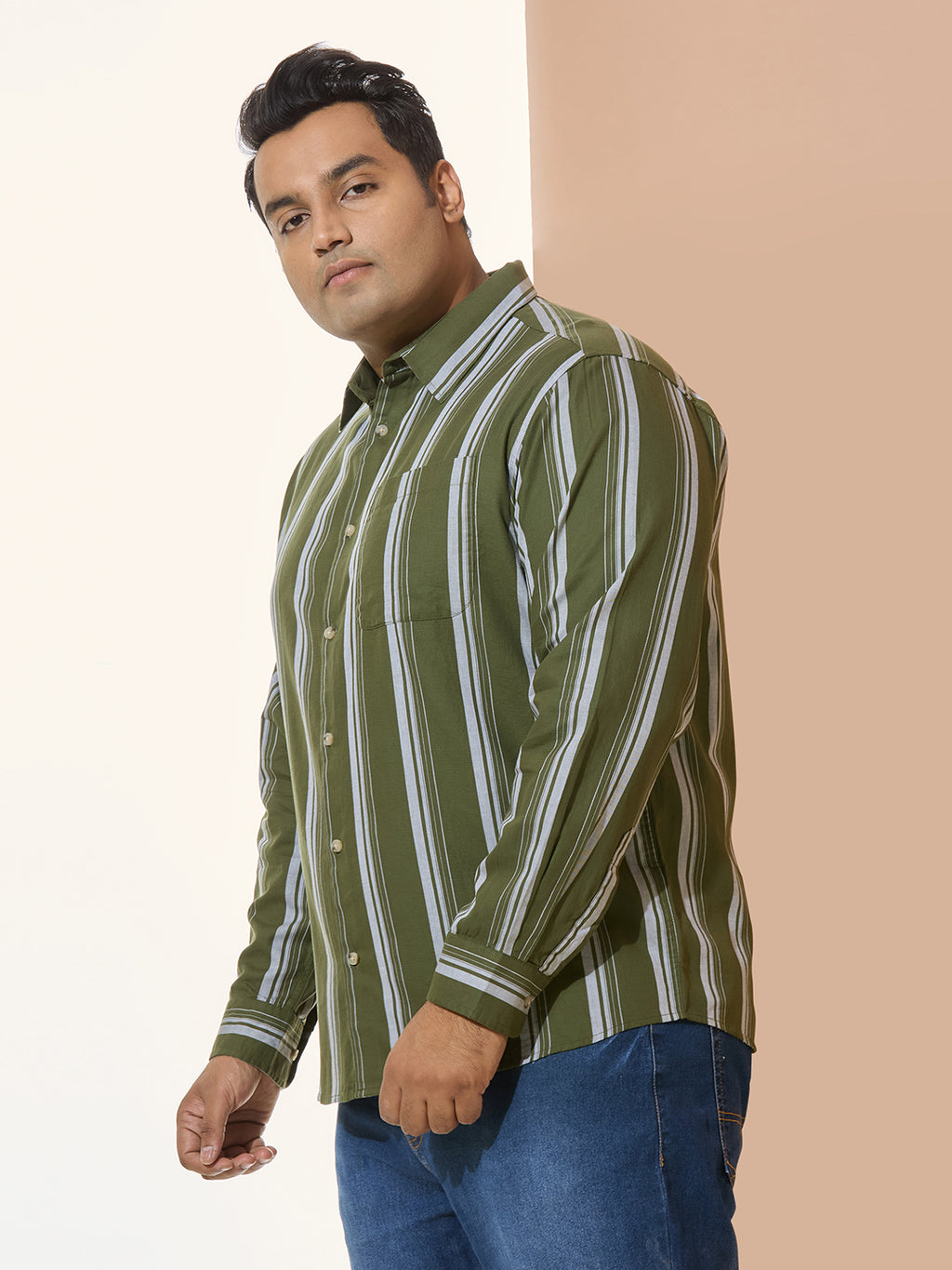 Men Cotton Stripe 1 Pocket Regular Fit Smart Casual Shirt - Olive