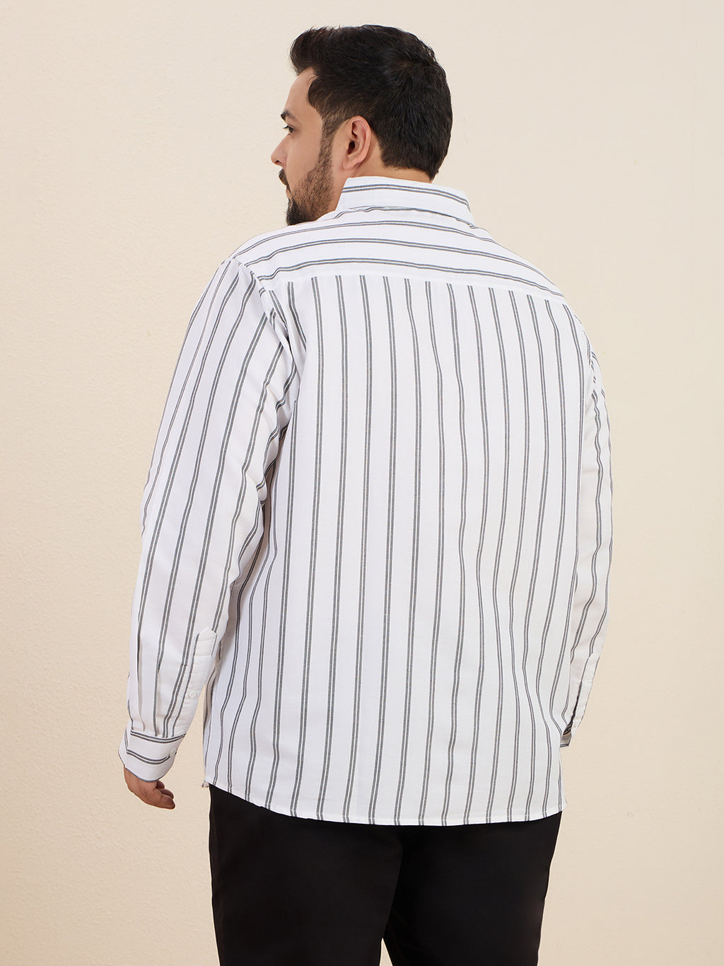 Plus Size Cotton Stripes Shirt 1 Pocket Regular Fit Smart Casual Shirt, Style- Plus-1266-White