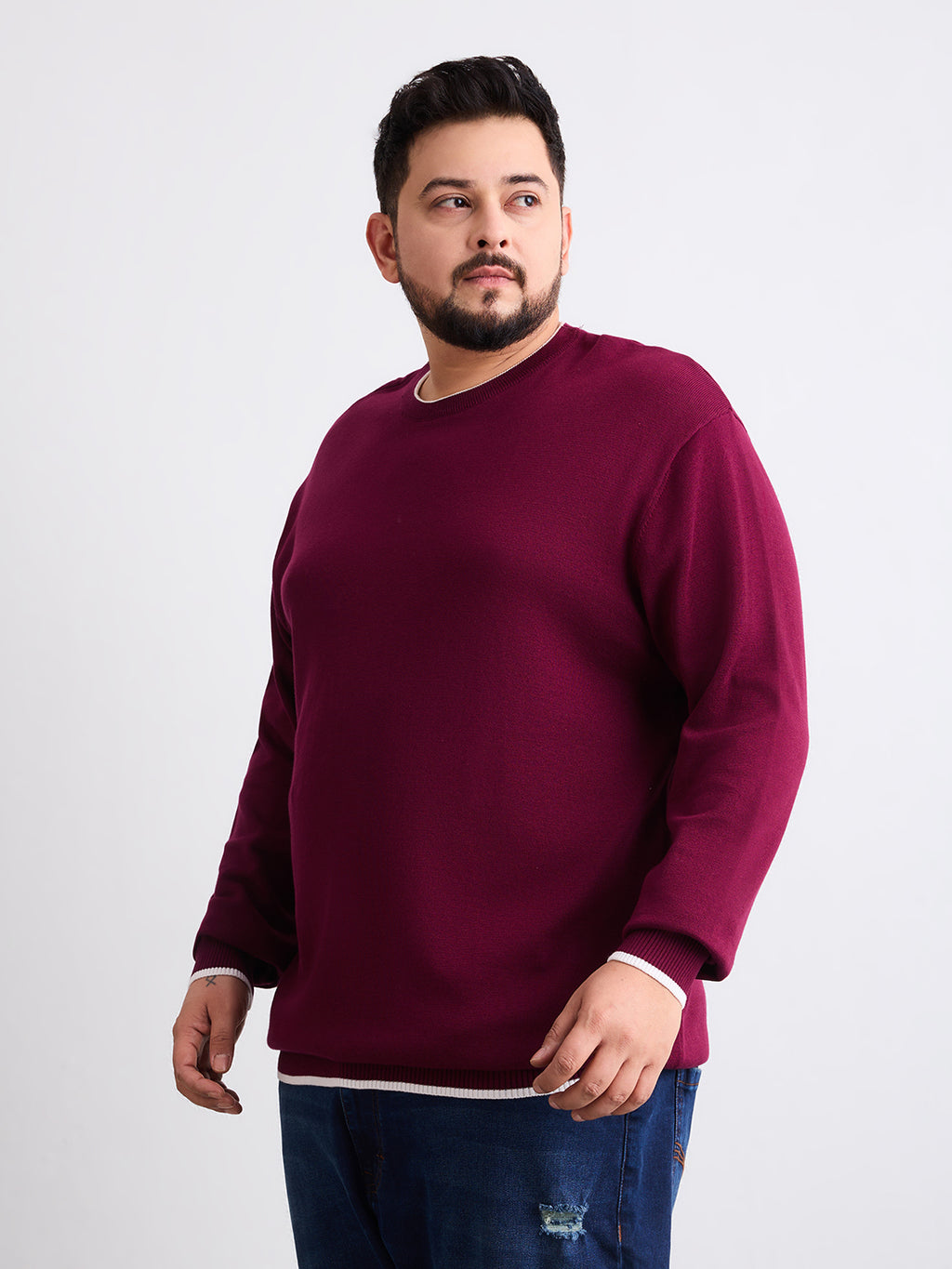 Flat Knit Full Sleeve Polo Ribbed T Shirt  - Maroon - Style 133