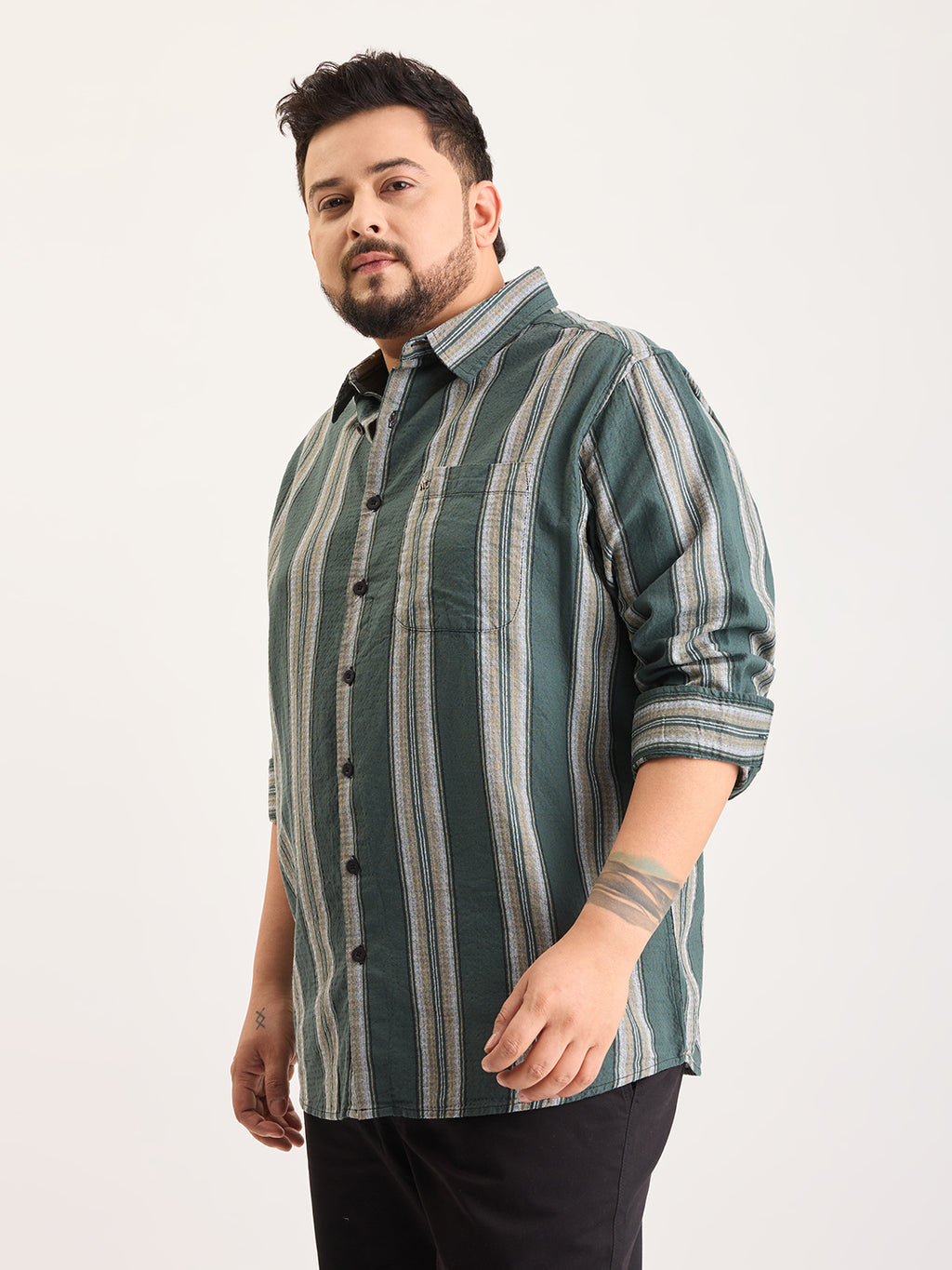 Plus Size Cotton 1 Pocket Regular Fit Smart Casual Shirt  - Green - Style 1269
