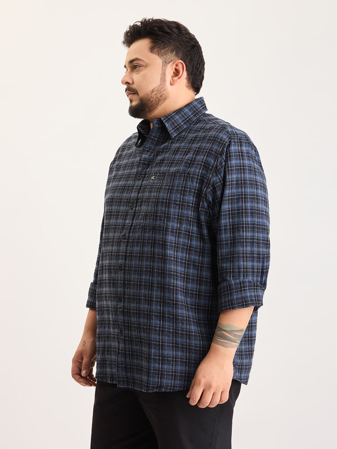 Plus Size Cotton 1 Pocket Regular Fit Smart Casual Shirt  - Blue - Style 1264
