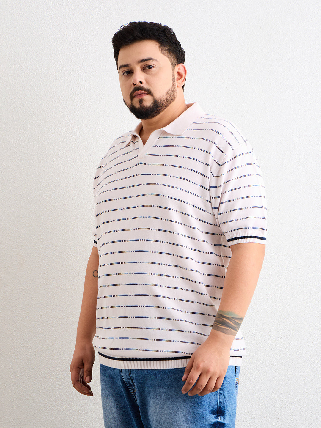 Neon Chillie Men's Plus Size Half Sleeve Polo Ribbed T Shirt - 150-Cream