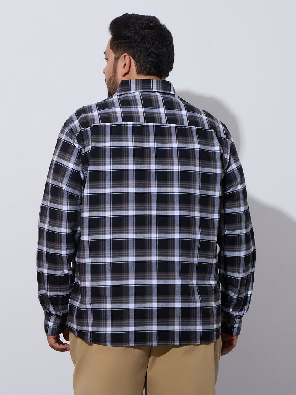Plus Size Cotton Checks Shirt 1 Pocket Regular Fit Smart Casual Shirt, Style- Plus-1262-black