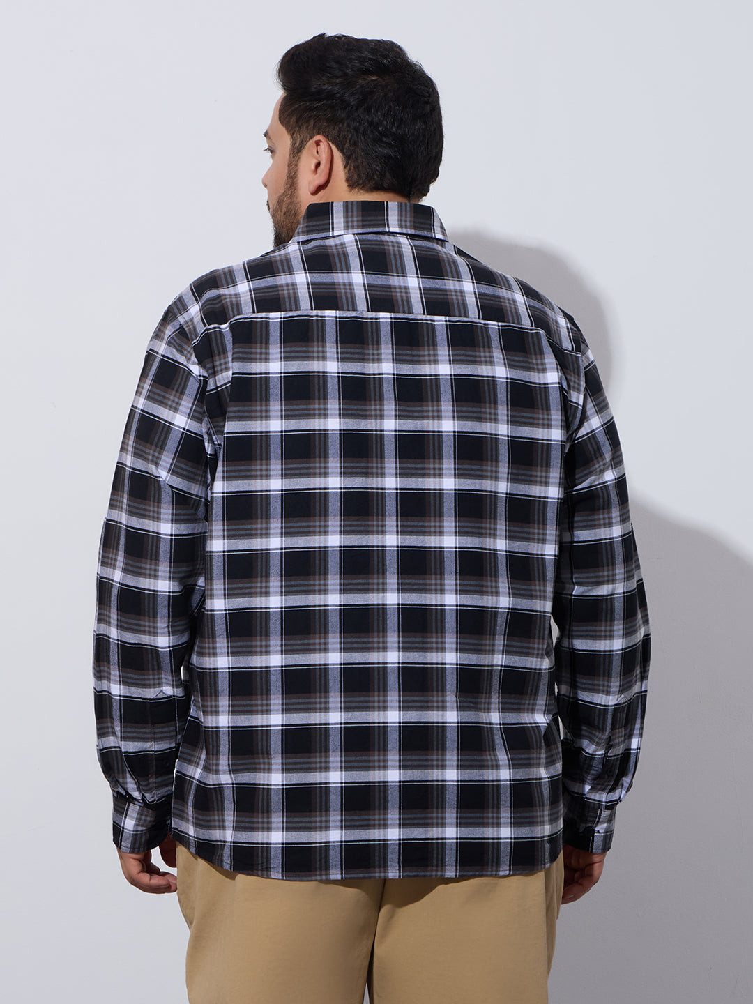 Plus Size Cotton Checks Shirt 1 Pocket Regular Fit Smart Casual Shirt, Style- Plus-1262-black