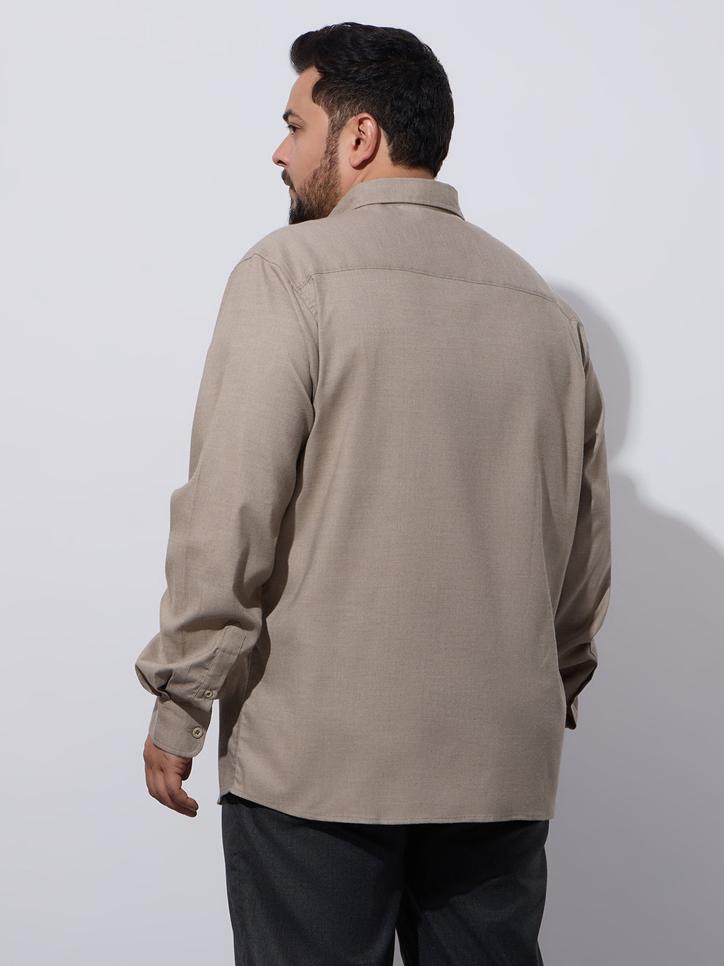 Plus Size Cotton Oxford Lycra Shirt 1 Pocket Regular Fit Smart Casual Shirt, Style-Plus-2k52-khaki
