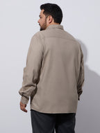 Plus Size Cotton Oxford Lycra Shirt 1 Pocket Regular Fit Smart Casual Shirt, Style-Plus-2k52-khaki