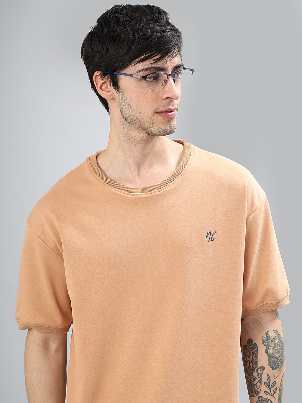 Drop-Shoulder Sleeves Heavy GSM Pure Cotton Oversize Fit T-shirt (NC-113-Peach)